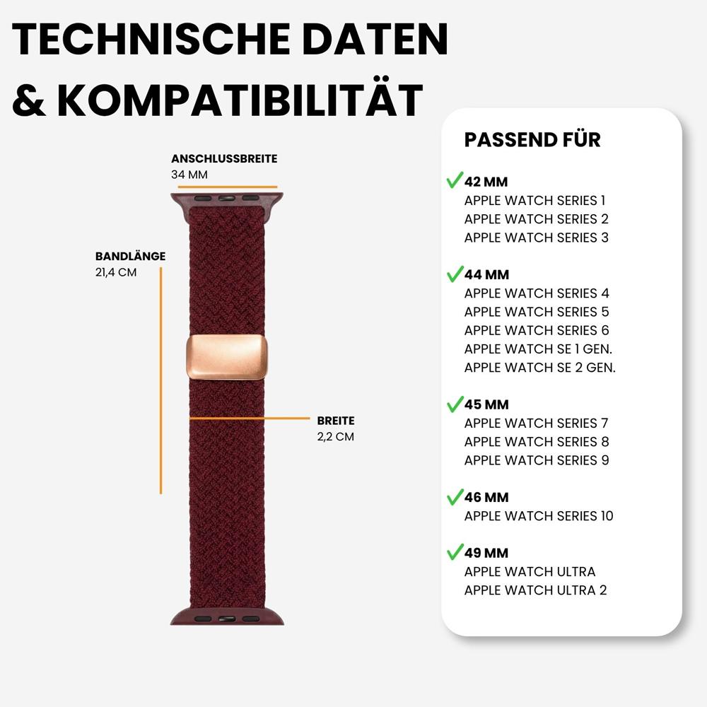 Loop Nylonarmband für Apple Watch 1-11/SE1-3/Ultra1-3 - 42/44/45/49mm in Weinrot - Universal