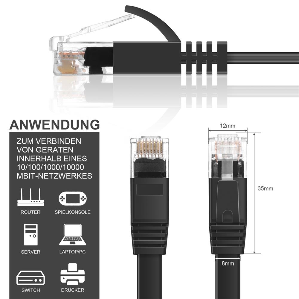 Patch FLAT Kabel Cat6 - PC-Flat-600A - 8M in Schwarz
