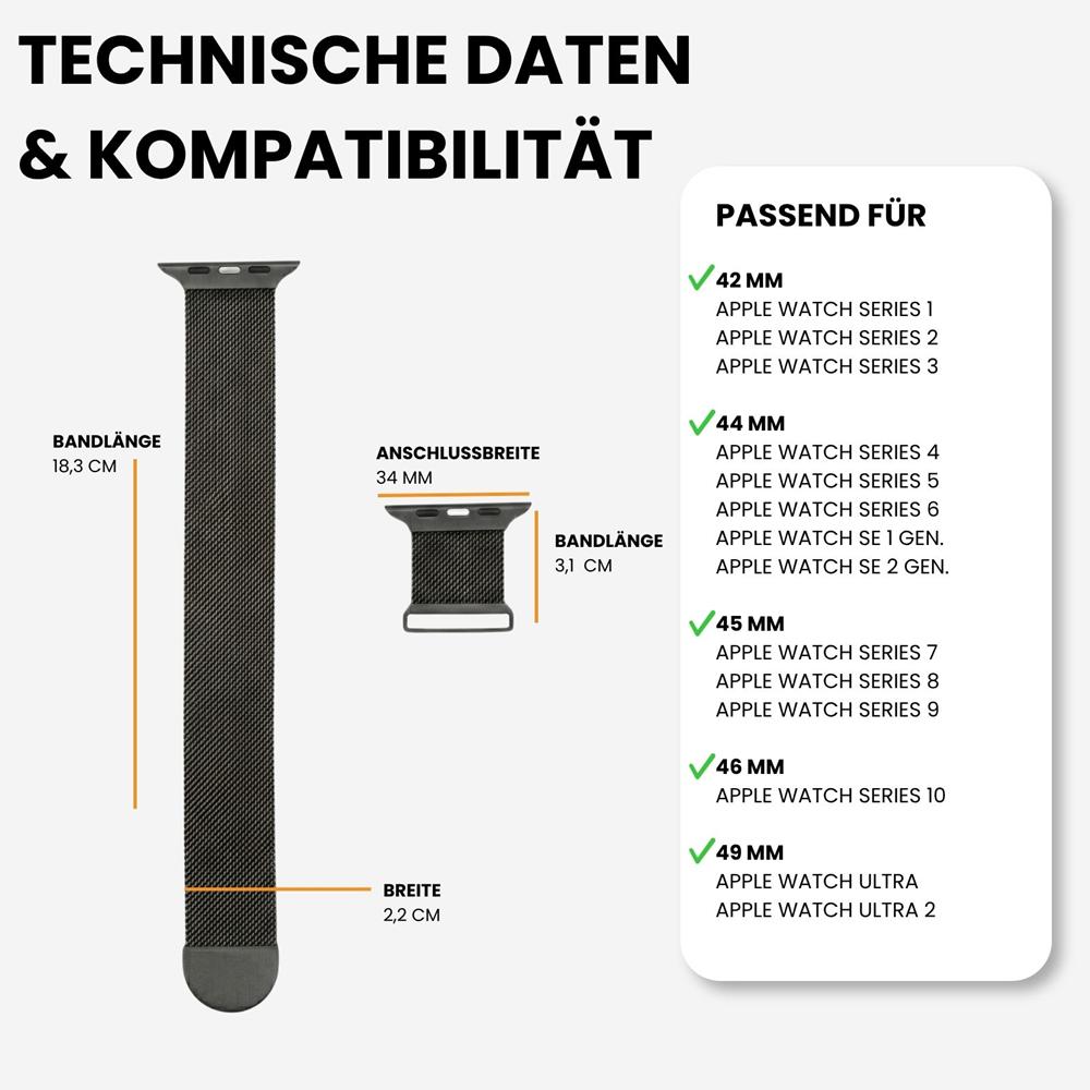 Milanese Edelstahlarmband Apple Watch 1-11/SE1-3/Ultra1-3 - 42/44/45/49mm in Schwarz - Universal