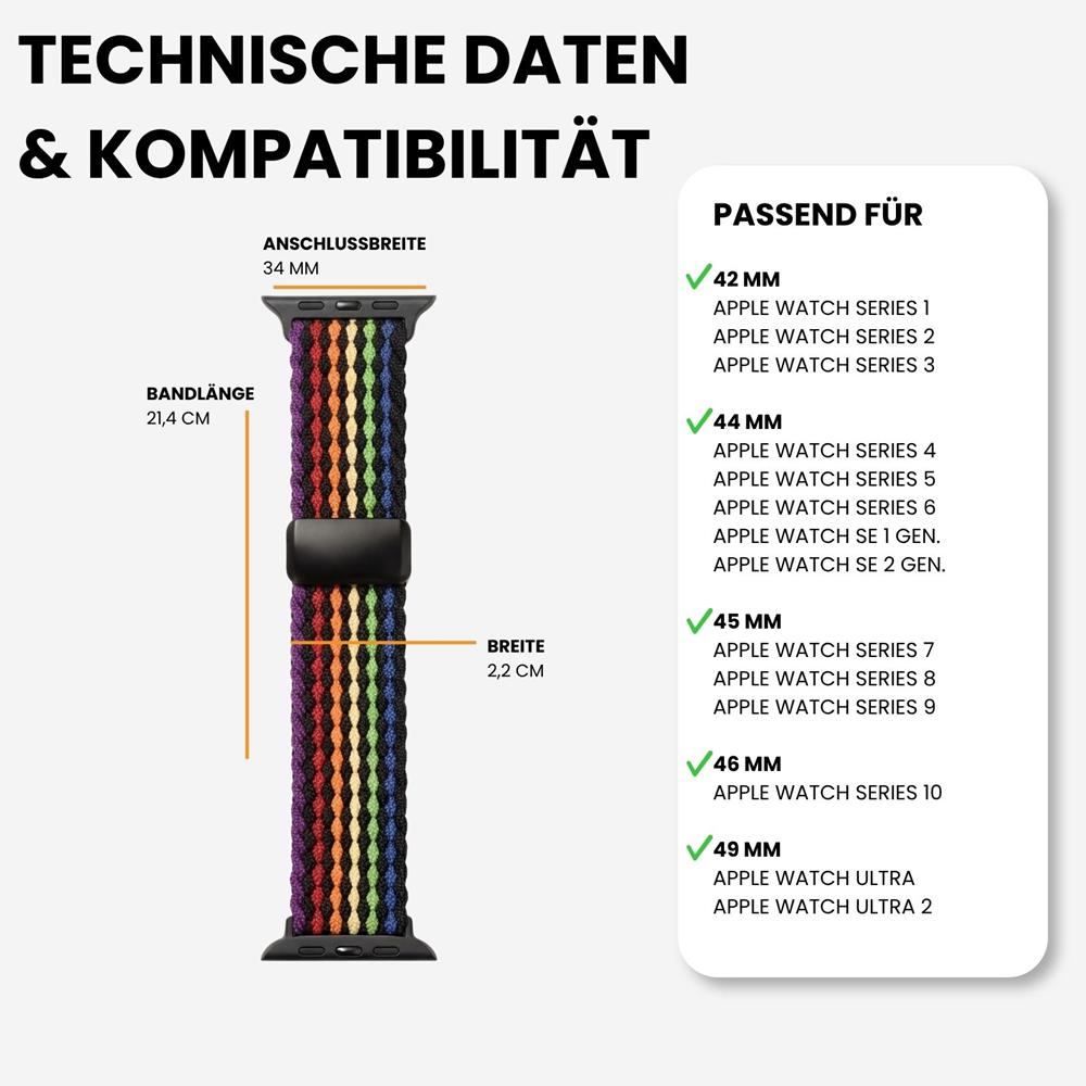 Loop Nylonarmband für Apple Watch 1-11/SE1-3/Ultra1-3 - 42/44/45/49mm in Schwarz Regenbogen - Universal