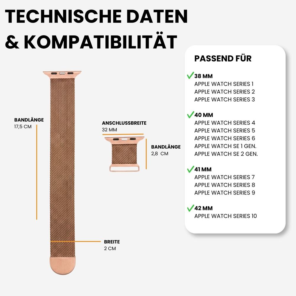 Milanese Edelstahlarmband Apple Watch 1-11/SE1-3 - 38/40/41/42mm in Roségold - Universal