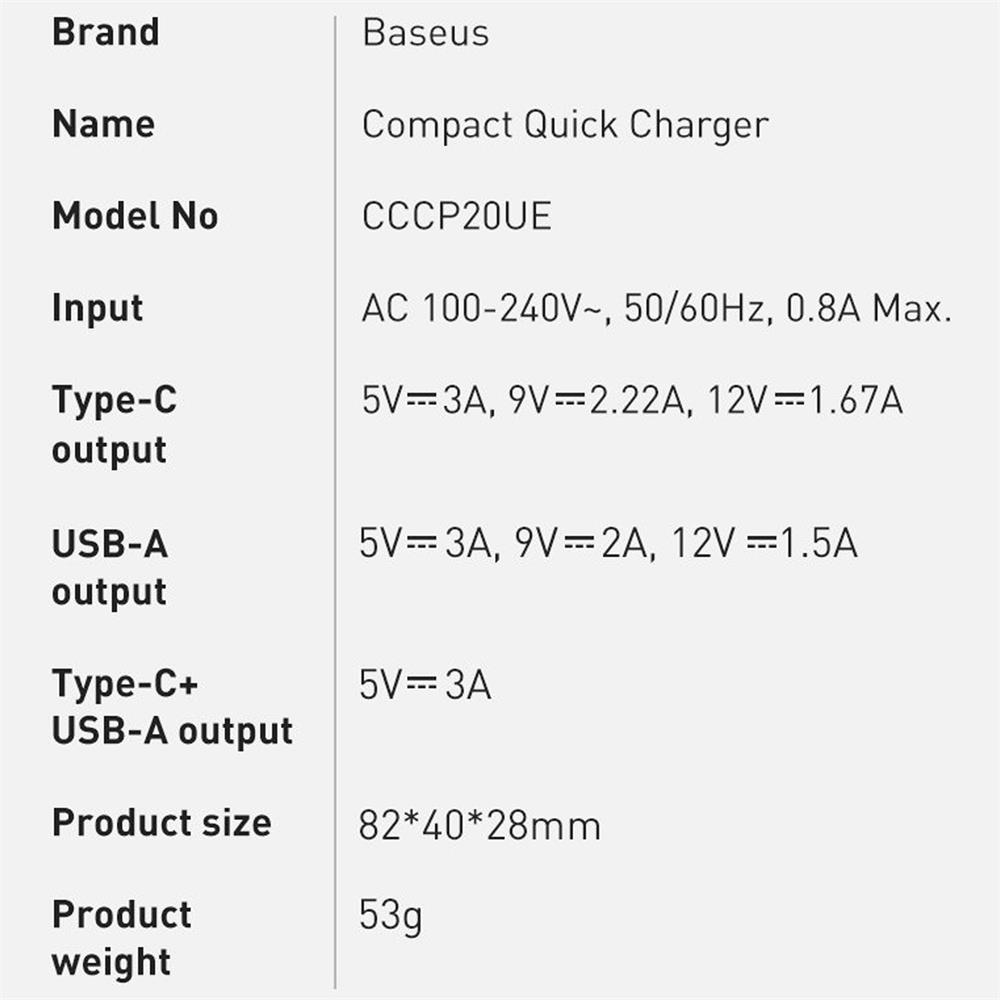 Netz-Ladegerät Baseus Compact - CCXJ-B01 in Schwarz