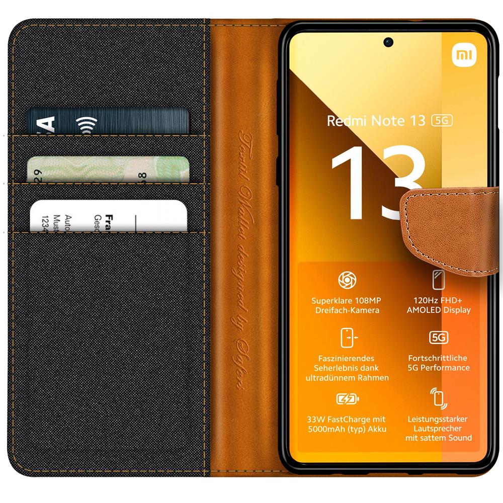 Textil Wallet für Xiaomi Redmi Note 13 5G in Schwarz