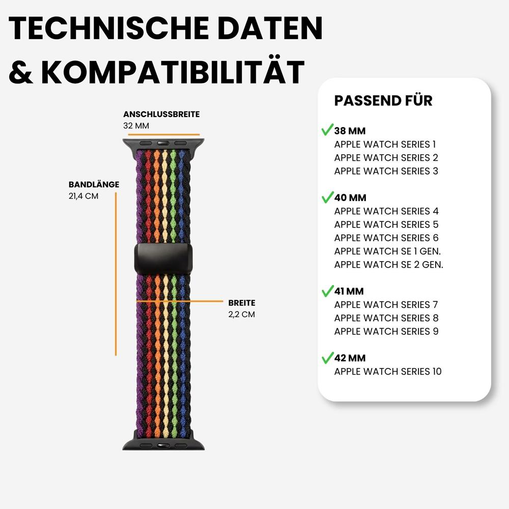 Loop Nylonarmband für Apple Watch 1-11/SE1-3 - 38/40/41/42mm in Schwarz Regenbogen - Universal