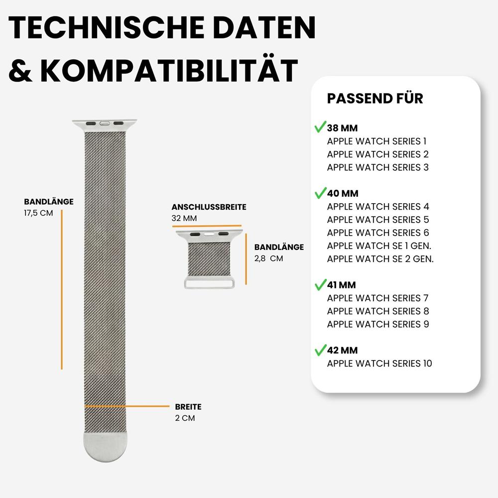 Milanese Edelstahlarmband Apple Watch 1-11/SE1-3 - 38/40/41/42mm in Silber - Universal