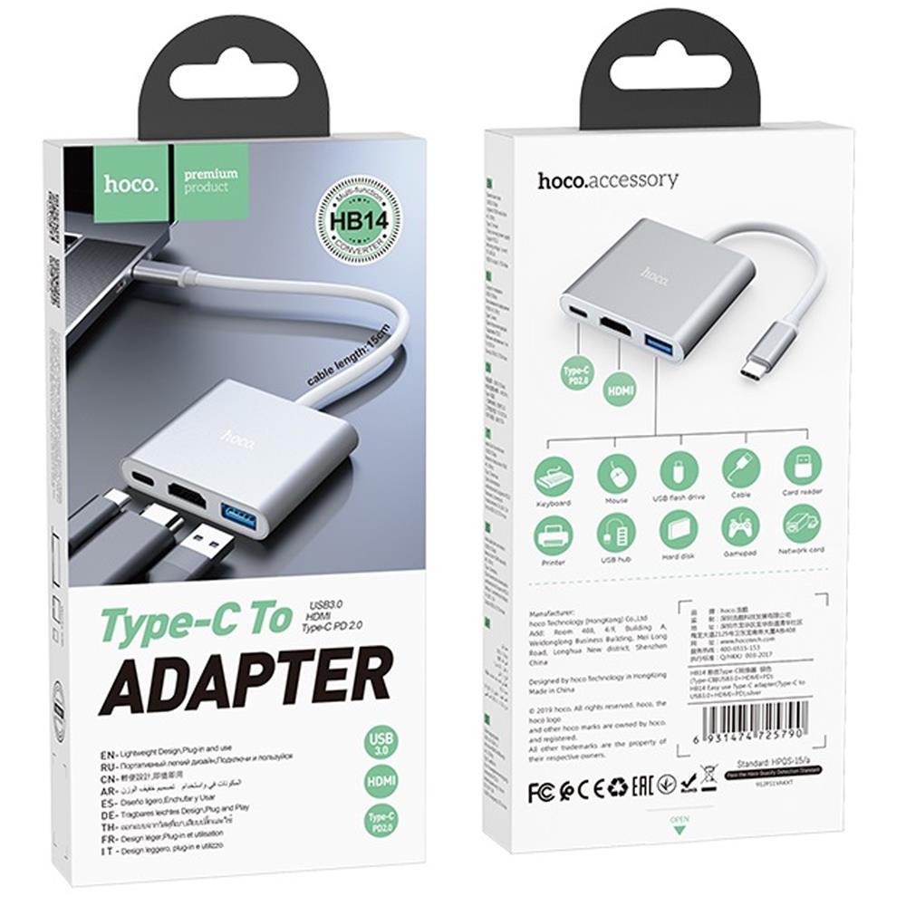 Hoco HB14 Hub Typ C USB 3.0 HDMI in Silber