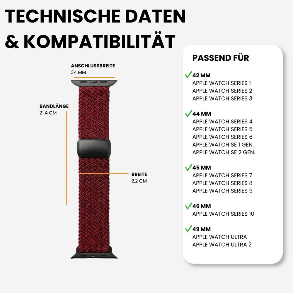 Loop Nylonarmband für Apple Watch 1-11/SE1-3/Ultra1-3 - 42/44/45/49mm in Dunkelrot - Universal