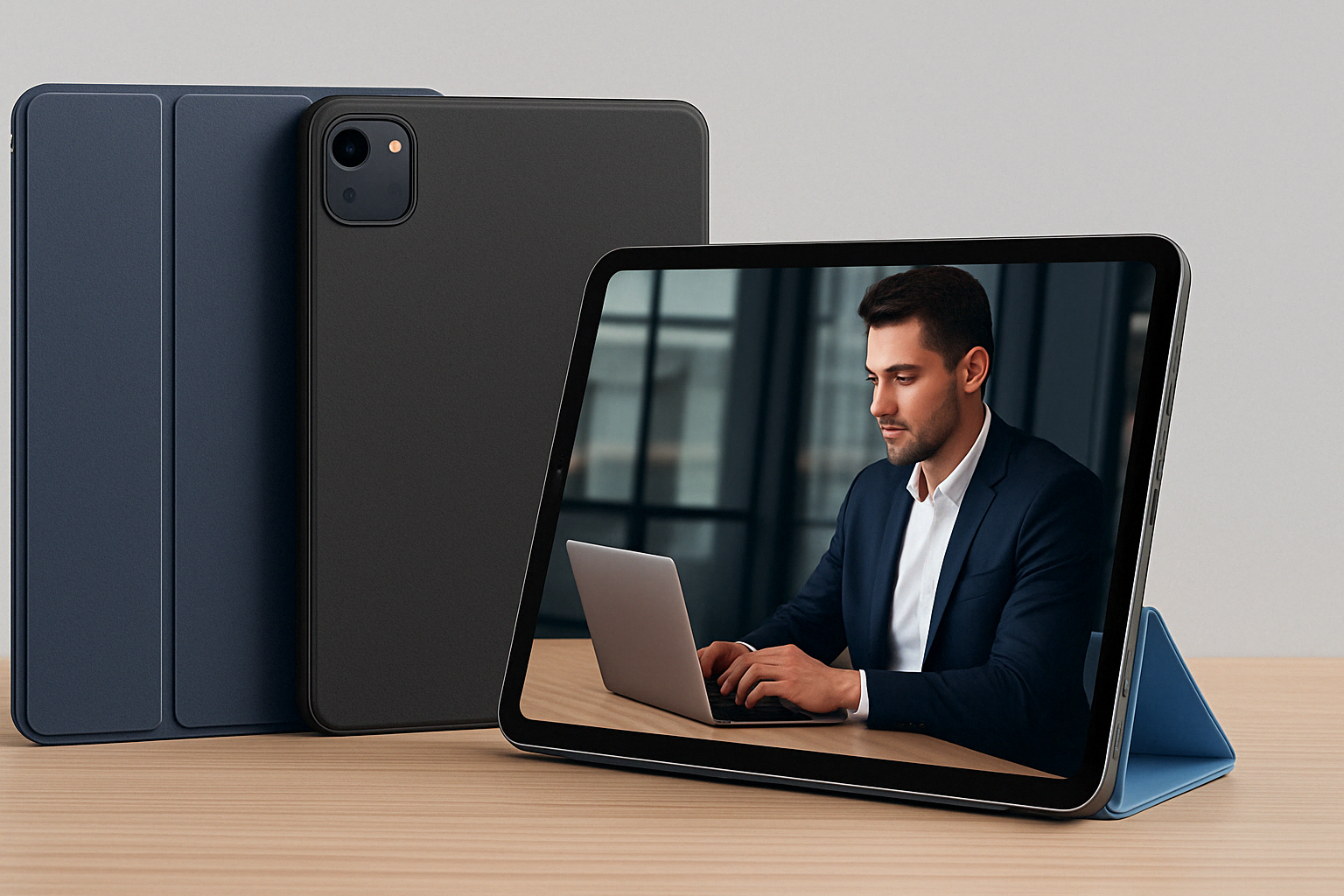 Tablets auf Schreibtisch mit Brohintergrund Tablets auf Schreibtisch mit Brohintergrund