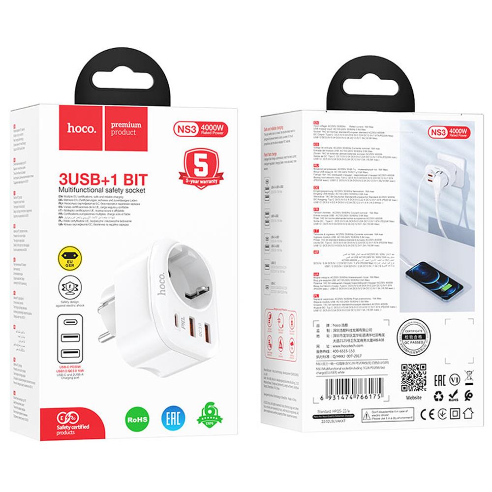 Hoco NS3 - Schuko-Adapter in Weiss