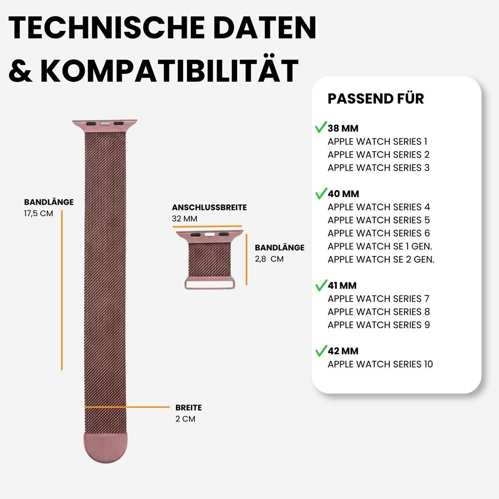 Milanese Edelstahlarmband Apple Watch 1-11/SE1-3 - 38/40/41/42mm in Altrosa - Universal