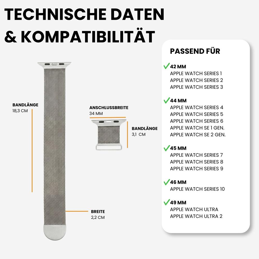 Milanese Edelstahlarmband Apple Watch 1-11/SE1-3/Ultra1-3 - 42/44/45/49mm in Silber - Universal