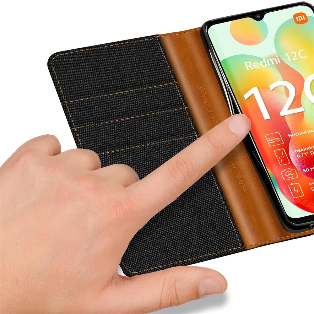 Textil Wallet für Xiaomi Redmi 12C in Schwarz