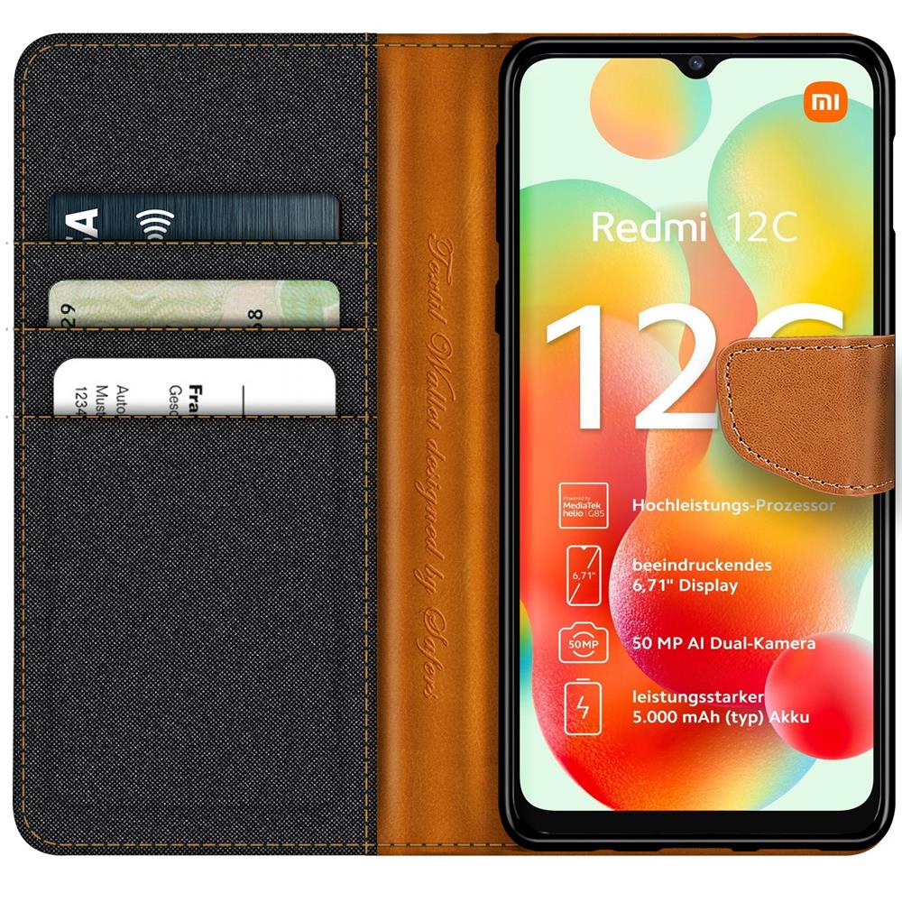 Textil Wallet für Xiaomi Redmi 12C in Schwarz